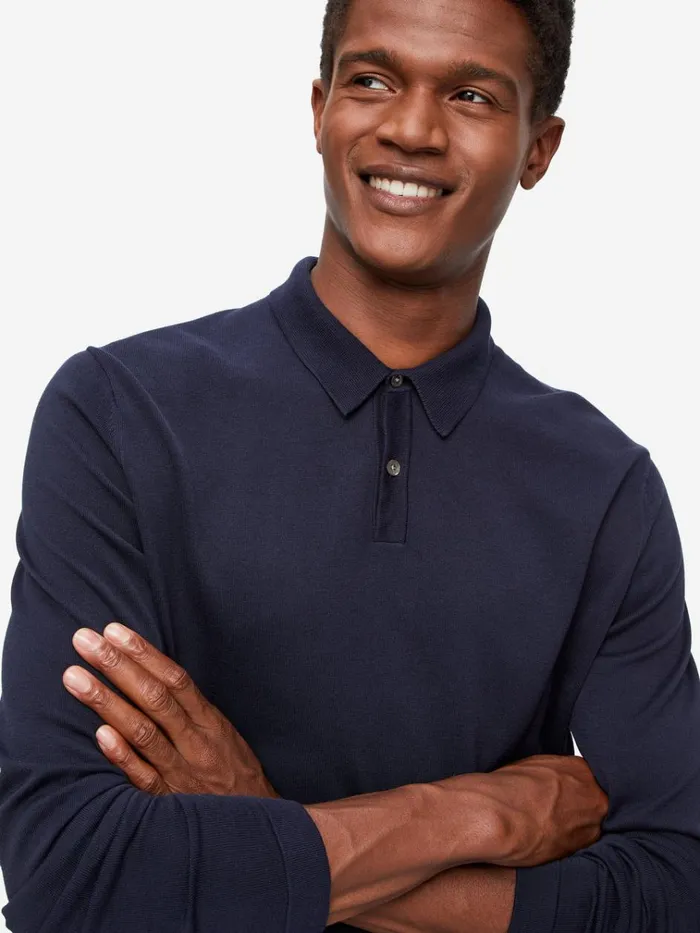 Casual Shirts Men Derek Rose Long Sleeve Polo Shirt Jacob Sea Island Cotton Navy