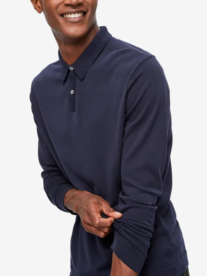 Casual Shirts Men Derek Rose Long Sleeve Polo Shirt Jacob Sea Island Cotton Navy