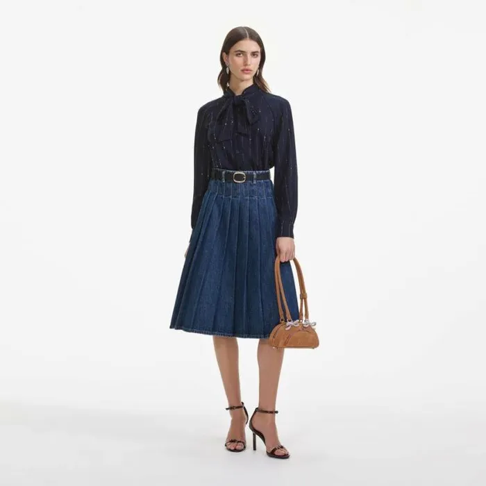Self Portrait Denim Pleated Denim Midi Skirt 8211 Women