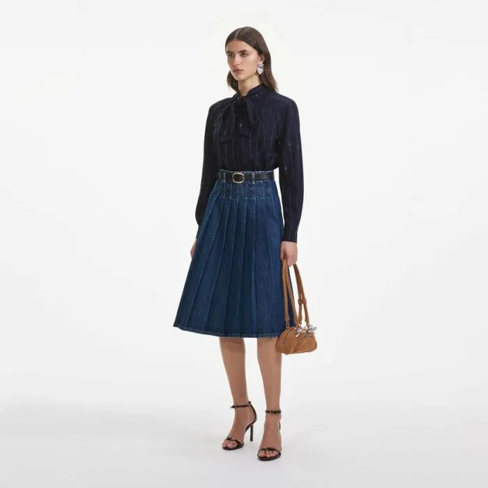 Self Portrait Denim Pleated Denim Midi Skirt 8211 Women
