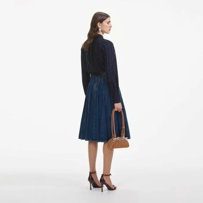 Self Portrait Denim Pleated Denim Midi Skirt 8211 Women