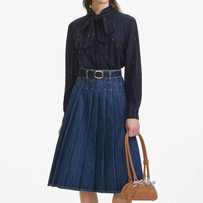 Self Portrait Denim Pleated Denim Midi Skirt 8211 Women