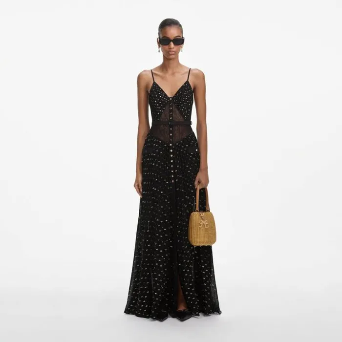 Self Portrait Wedding Guest Black And Gold Chiffon Maxi Dress 8211 Women
