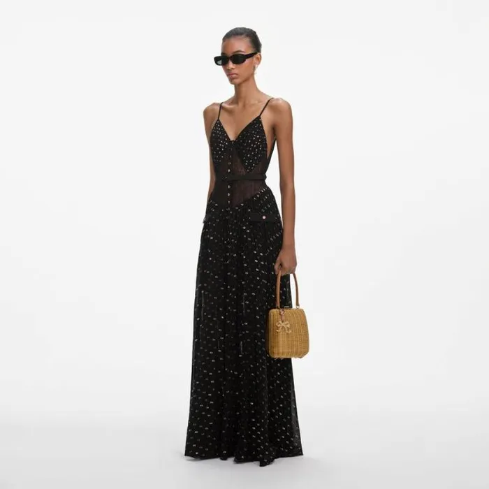 Self Portrait Wedding Guest Black And Gold Chiffon Maxi Dress 8211 Women
