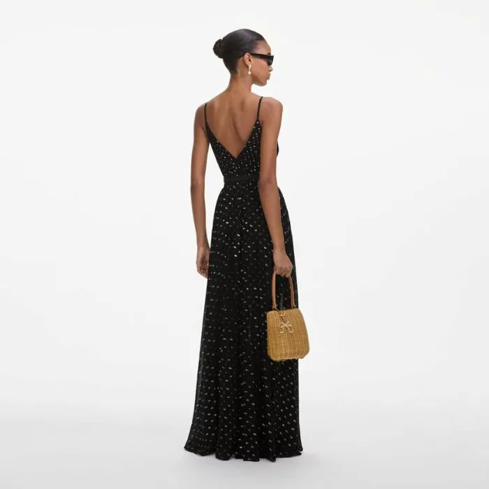 Self Portrait Wedding Guest Black And Gold Chiffon Maxi Dress 8211 Women