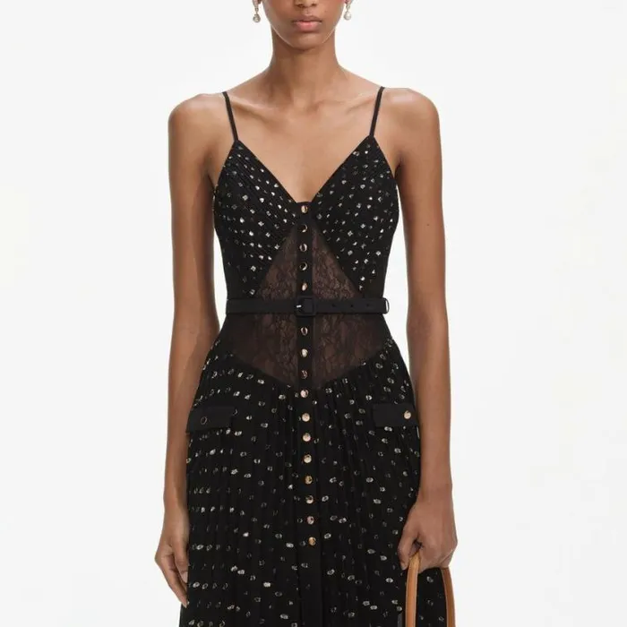 Self Portrait Wedding Guest Black And Gold Chiffon Maxi Dress 8211 Women