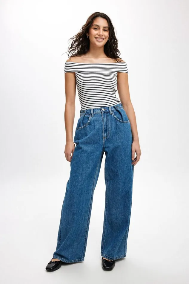 Adjustable Wide Jean Sea Blue Women Cotton On Pants