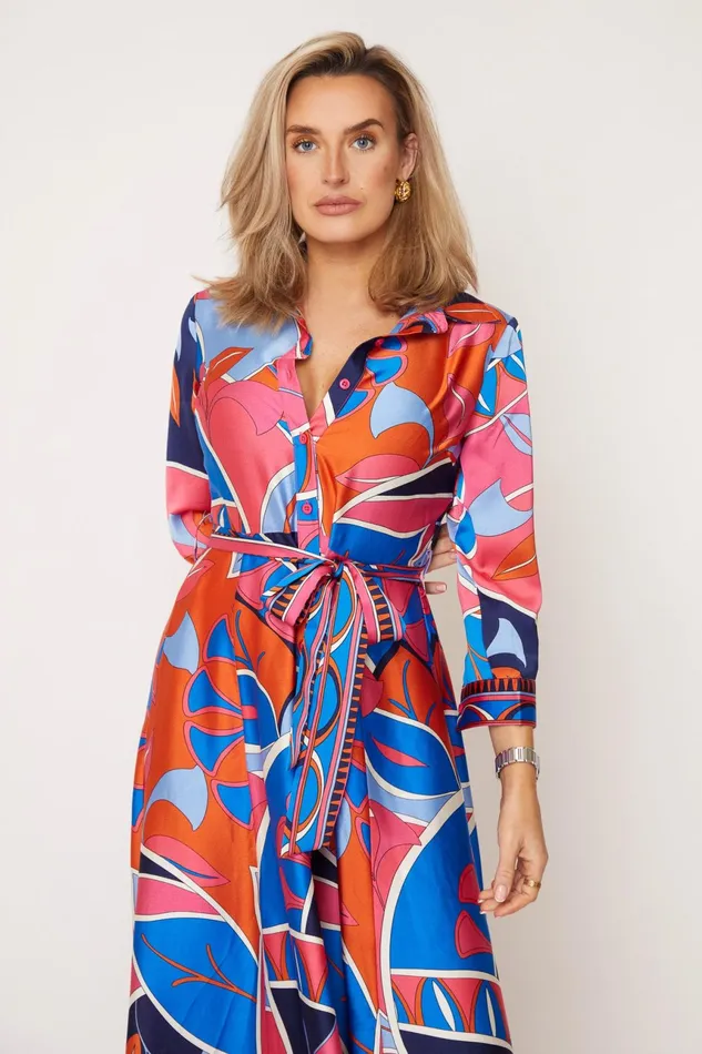 Angela Blue and Pink Abstract Shirt Maxi Dress Women Girl In Mind Long Sleeve Dresses