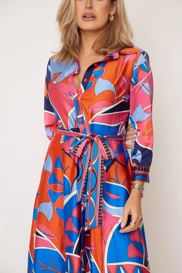 Angela Blue and Pink Abstract Shirt Maxi Dress Women Girl In Mind Long Sleeve Dresses
