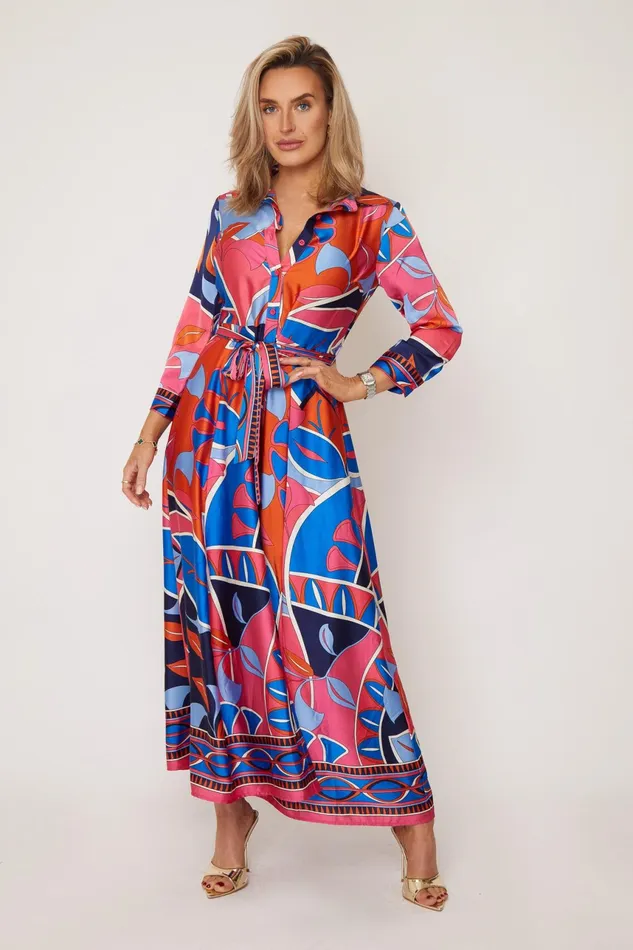Angela Blue and Pink Abstract Shirt Maxi Dress Women Girl In Mind Long Sleeve Dresses