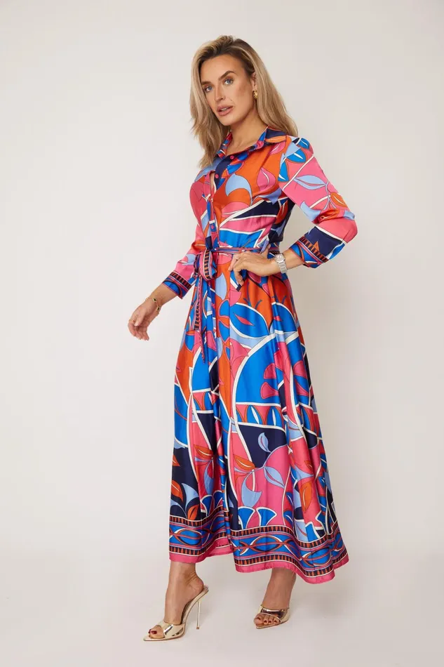 Angela Blue and Pink Abstract Shirt Maxi Dress Women Girl In Mind Long Sleeve Dresses