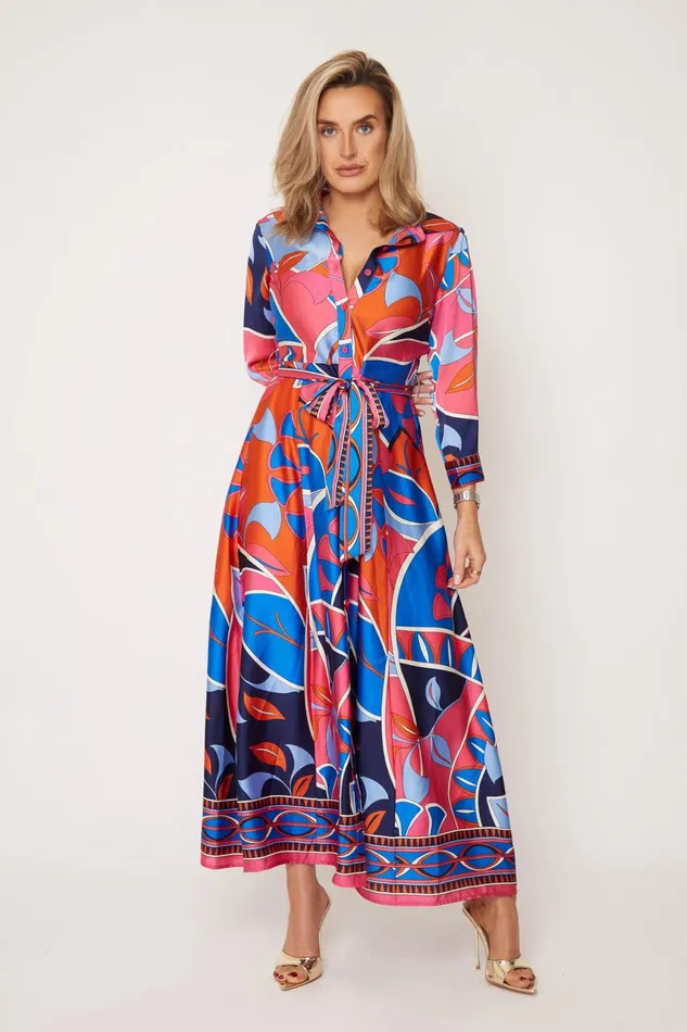 Angela Blue and Pink Abstract Shirt Maxi Dress Women Girl In Mind Long Sleeve Dresses