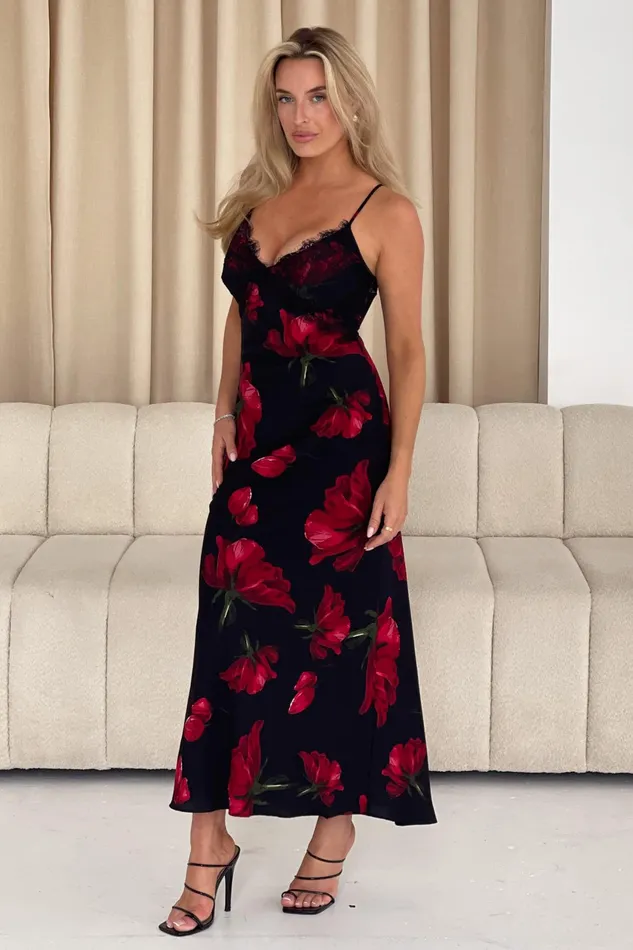 Anne Red Floral Slip Dress With Black Lace Women Girl In Mind Lace Dresses
