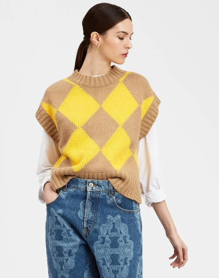Argyle Gilet Camelyellow Women La Double J Knitwear