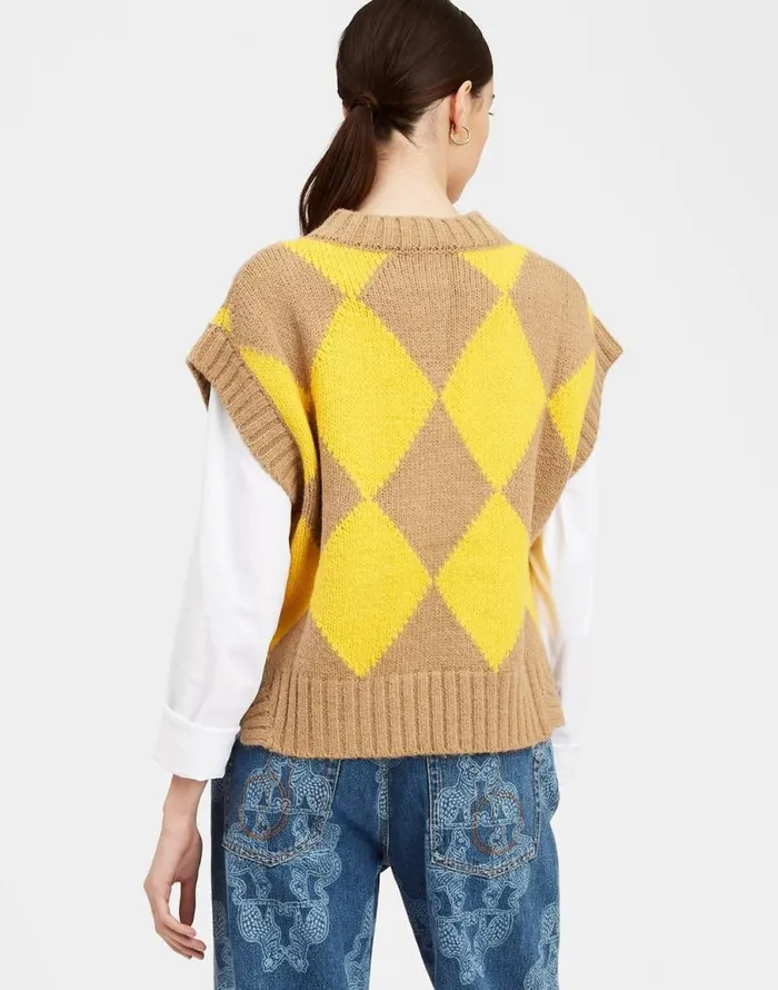 Argyle Gilet Camelyellow Women La Double J Knitwear Argyle Gilet Camelyellow Women La Double J Knitwear