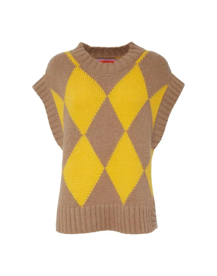 Argyle Gilet Camelyellow Women La Double J Knitwear Argyle Gilet Camelyellow Women La Double J Knitwear