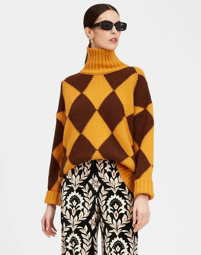 Argyle Sweater Yellow Brown Women La Double J Knitwear