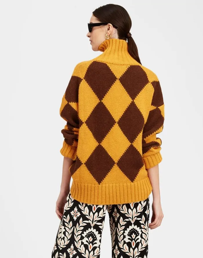 Argyle Sweater Yellow Brown Women La Double J Knitwear Argyle Sweater Yellow Brown Women La Double J Knitwear
