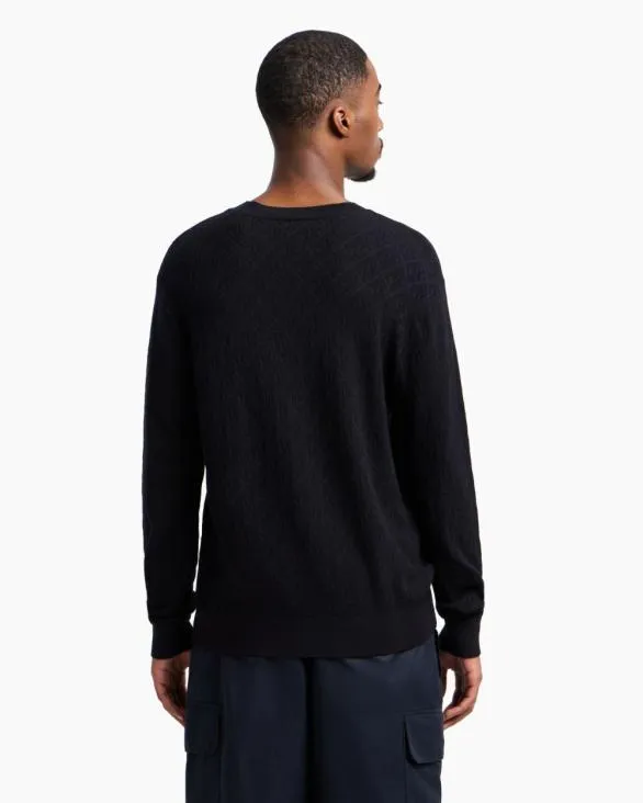 ASV Toneontone Logo Crewneck Sweater Navyblue Men Armani Knitwear ASV Toneontone Logo Crewneck Sweater Navyblue Men Armani Knitwear