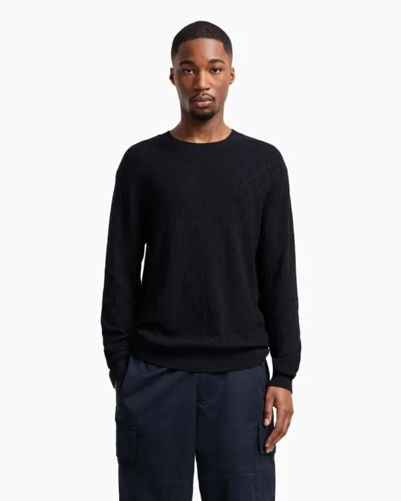 ASV Toneontone Logo Crewneck Sweater Navyblue Men Armani Knitwear ASV Toneontone Logo Crewneck Sweater Navyblue Men Armani Knitwear