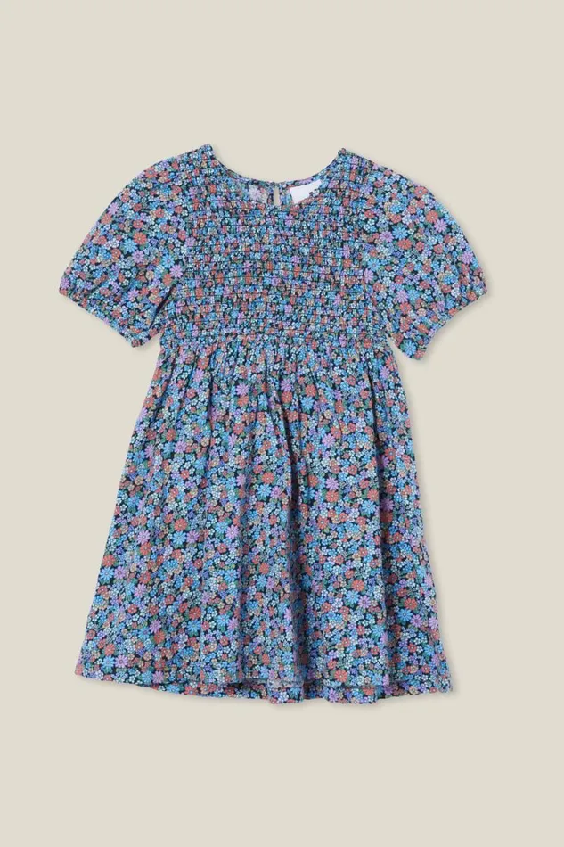 Billie Shirred Dress Phantomblair Ditsy Girls Cotton On Dresses