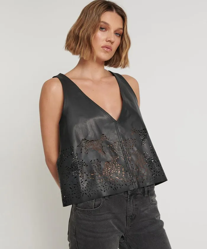 BLACK LASER CUT LEATHER SWING TOP Women One Teaspoon Tops