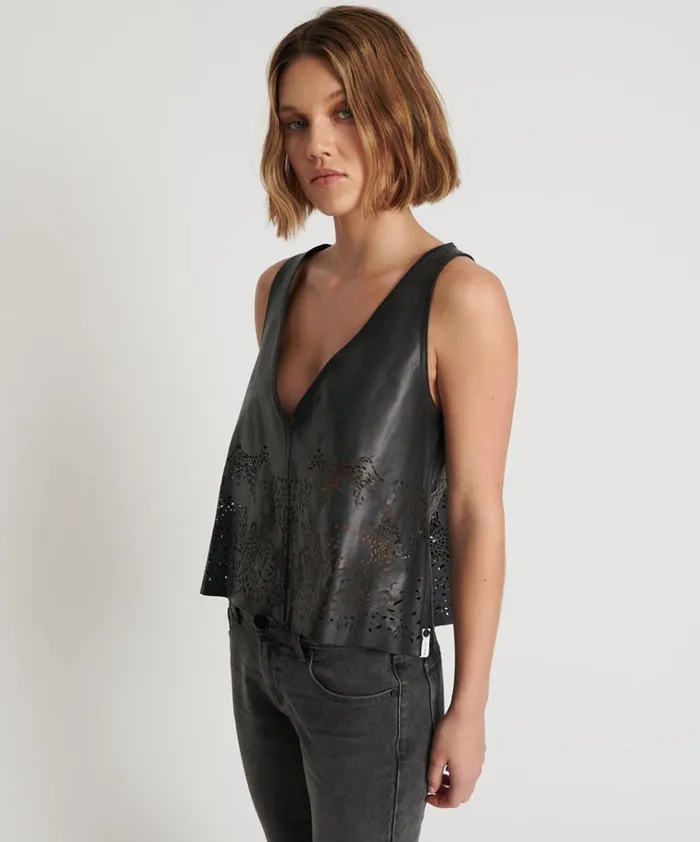 BLACK LASER CUT LEATHER SWING TOP Women One Teaspoon Tops BLACK LASER CUT LEATHER SWING TOP Women One Teaspoon Tops