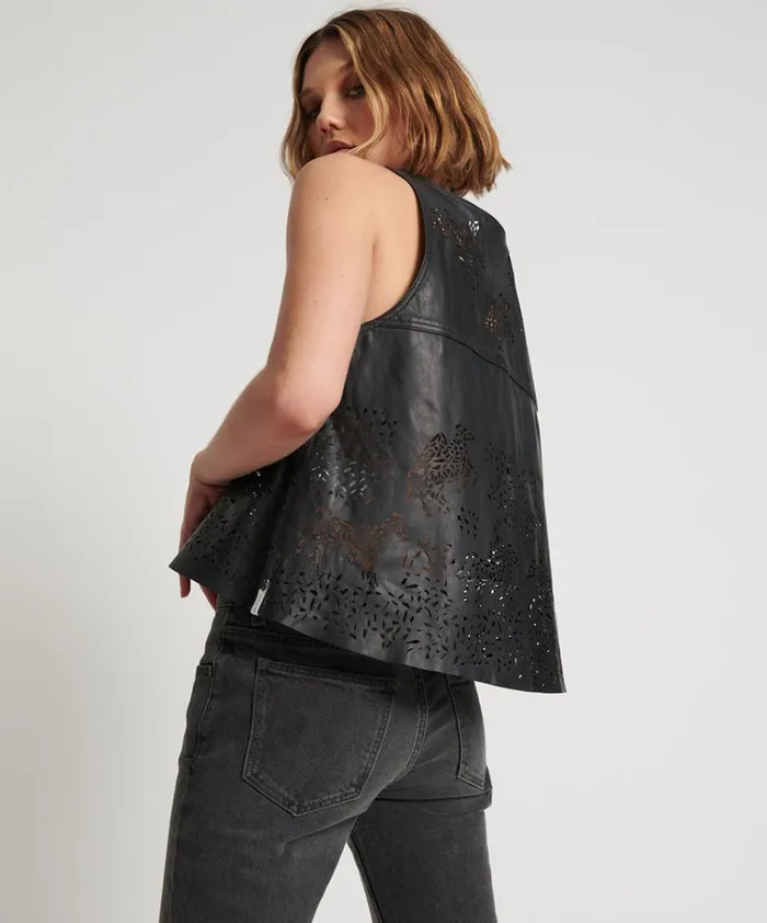 BLACK LASER CUT LEATHER SWING TOP Women One Teaspoon Tops BLACK LASER CUT LEATHER SWING TOP Women One Teaspoon Tops