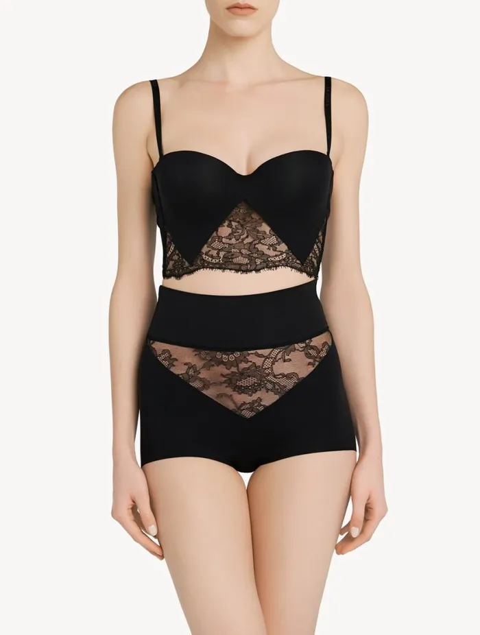 Black Lycra Control Fit Highwaist Briefs With Chantilly Lace Lingerie La Perla Highwaist