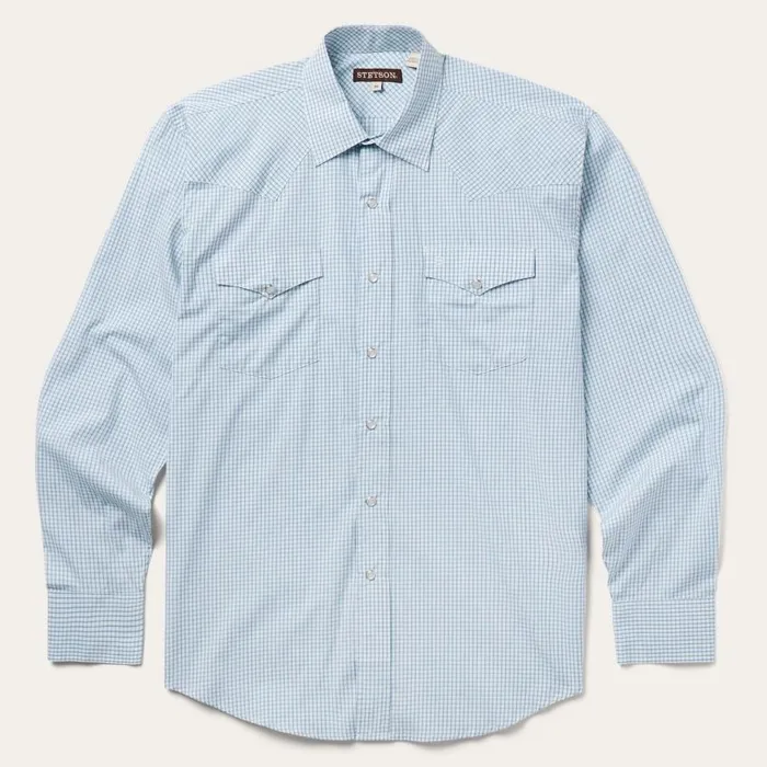Blue Two Stripe Check Western Shirt Blue Men Stetson Classic Cut