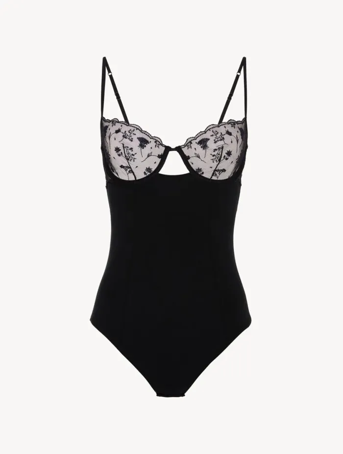 Bodysuit In Onyx With Embroidered Tulle Lingerie La Perla Bodysuits and Bustiers Bodysuit In Onyx With Embroidered Tulle Lingerie La Perla Bodysuits and Bustiers