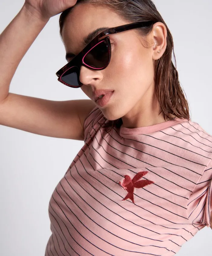 BOWER BIRD EMBROIDERED LOGO FITTED TEE PINK Women One Teaspoon Tees and Tanks BOWER BIRD EMBROIDERED LOGO FITTED TEE PINK Women One Teaspoon Tees and Tanks