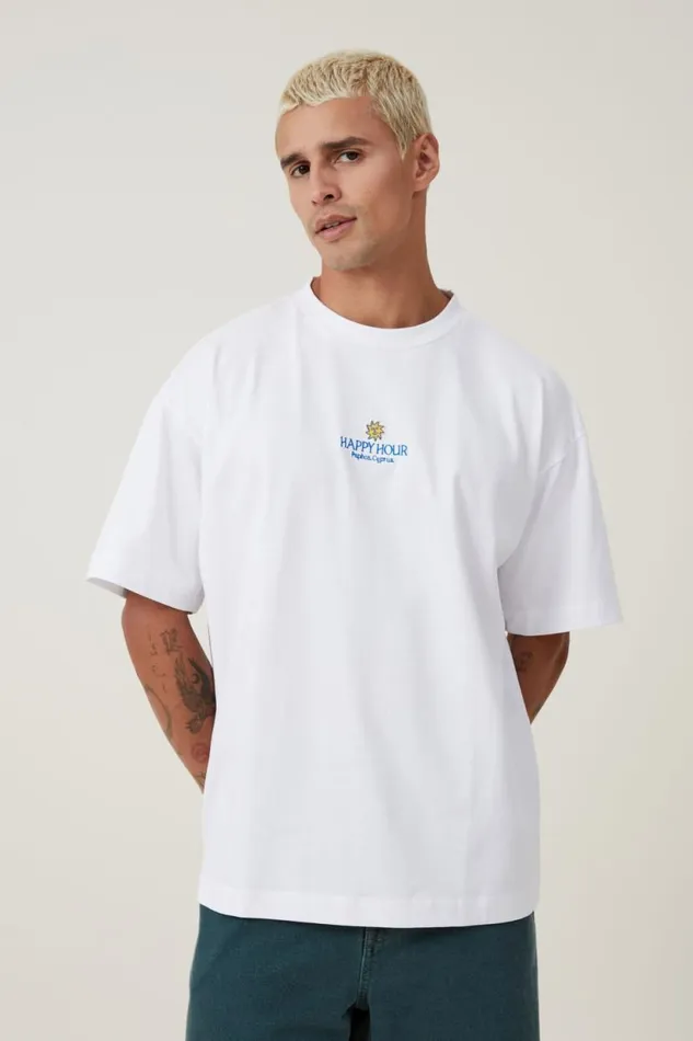 Box Fit Graphic TShirt Whitehappy Hour Men Cotton On Tees and Tanks