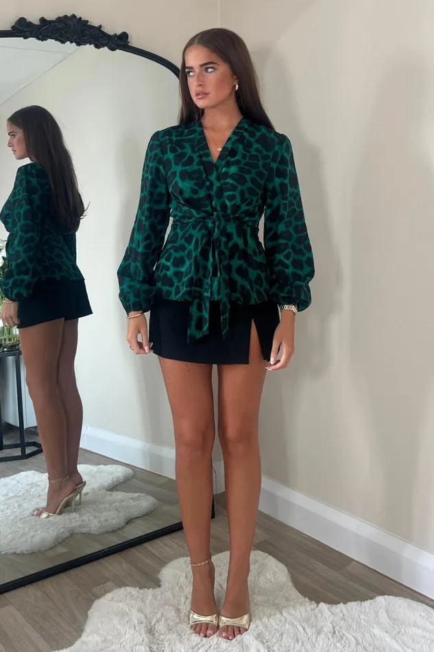 Brooke Green Animal Tie Front Top Women Girl In Mind Tops and Bodysuits