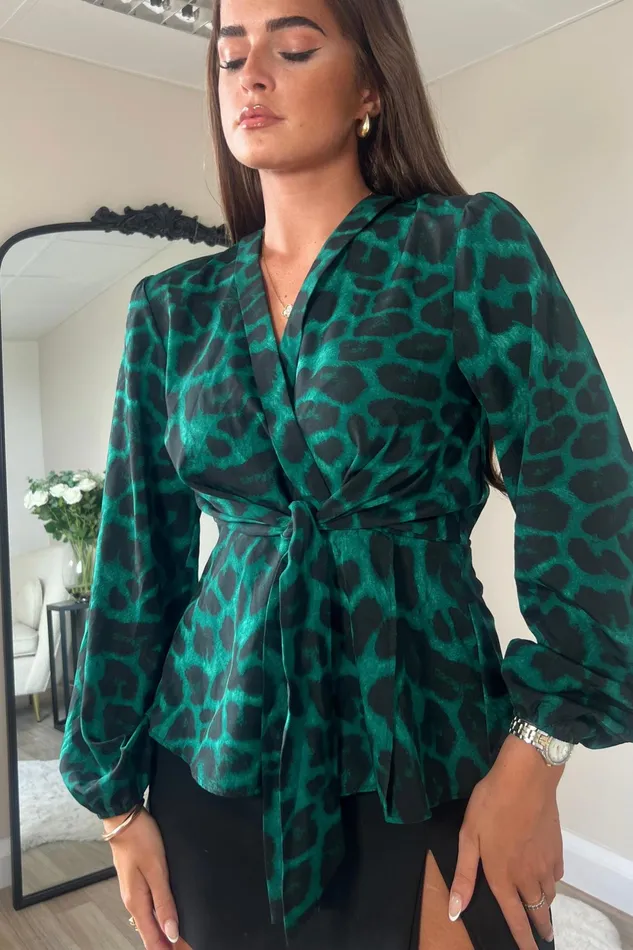 Brooke Green Animal Tie Front Top Women Girl In Mind Tops and Bodysuits