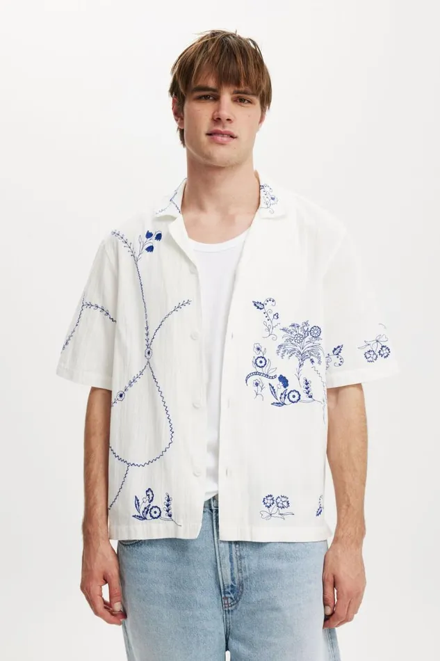 Cabana Short Sleeve Shirt White Floral Men Cotton On Shirts and Polos