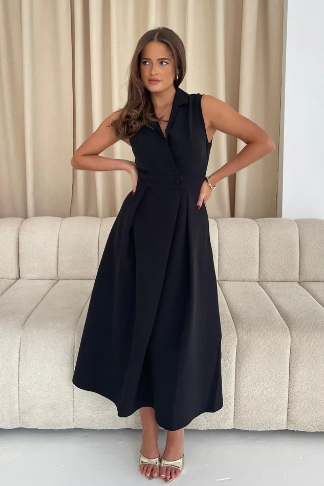 Cameron Collared Tailored Shirt Dress Black Women Girl In Mind Midi Dresses