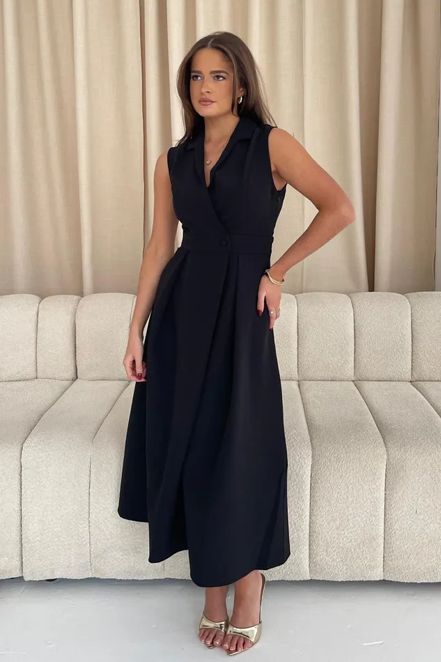 Cameron Collared Tailored Shirt Dress Black Women Girl In Mind Midi Dresses
