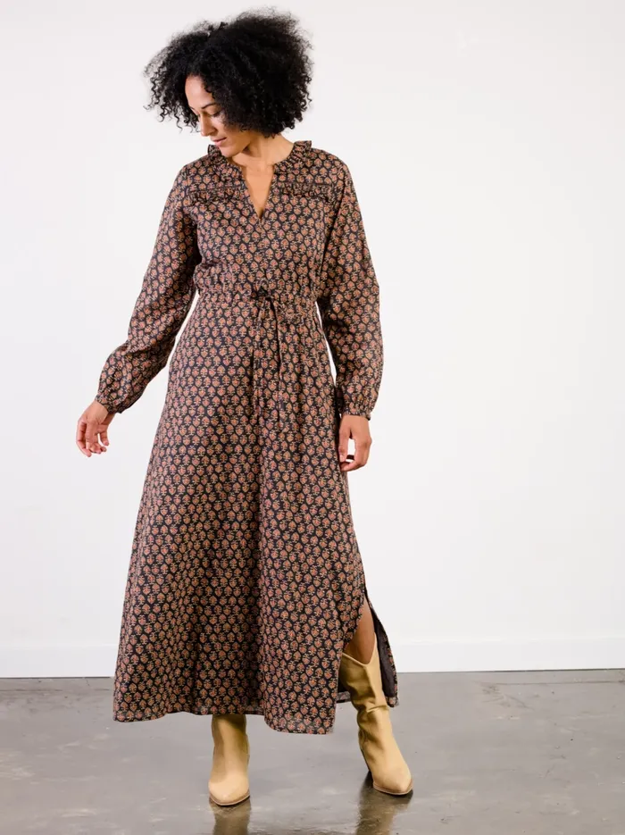Caroline Ruffle Maxi Dress Dark Block Print Dresses and Jumpsuits Able Women