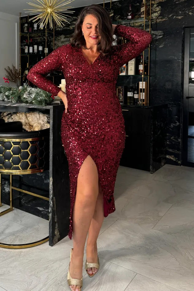Celia Wine Sequin Wrap Midi Dress Women Girl In Mind Sequin Dresses