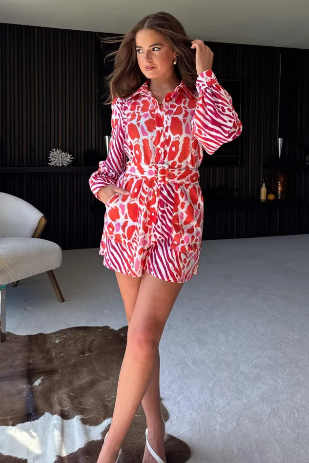 Chester Red Animal Belted Playsuit Women Girl In Mind Jumpsuits and Playsuits Chester Red Animal Belted Playsuit Women Girl In Mind Jumpsuits and Playsuits