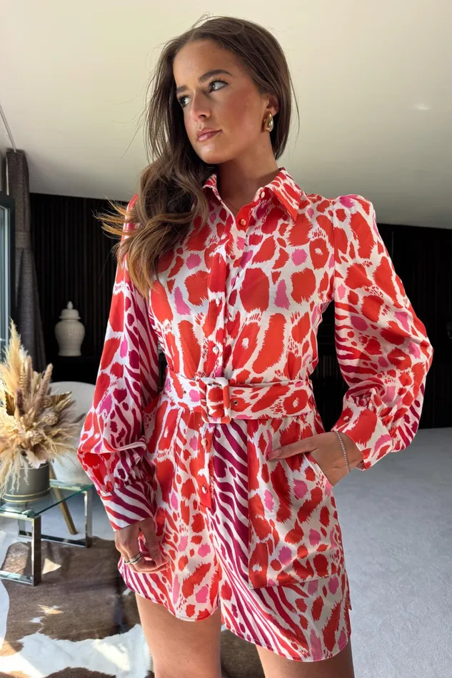 Chester Red Animal Belted Playsuit Women Girl In Mind Jumpsuits and Playsuits