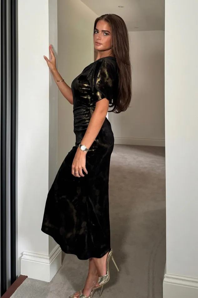 Cleo Black And Gold Ruched Detail Midi Dress In Velvet Women Girl In Mind Bodycon Dresses