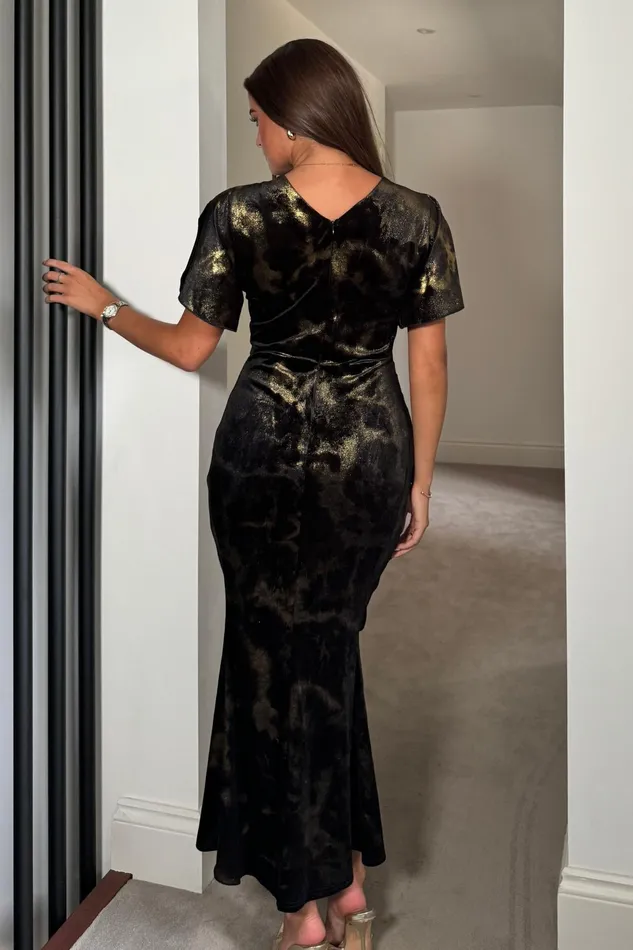 Cleo Black And Gold Ruched Detail Midi Dress In Velvet Women Girl In Mind Bodycon Dresses