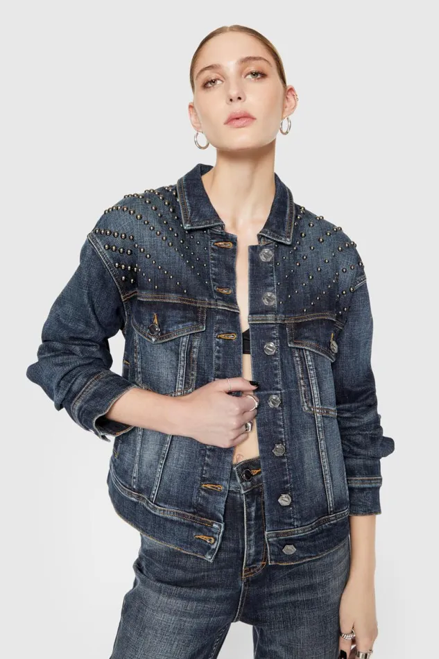 Clothing Leather Rebecca Minkoff Ozzy Studded Denim Jacket Skyline Wash
