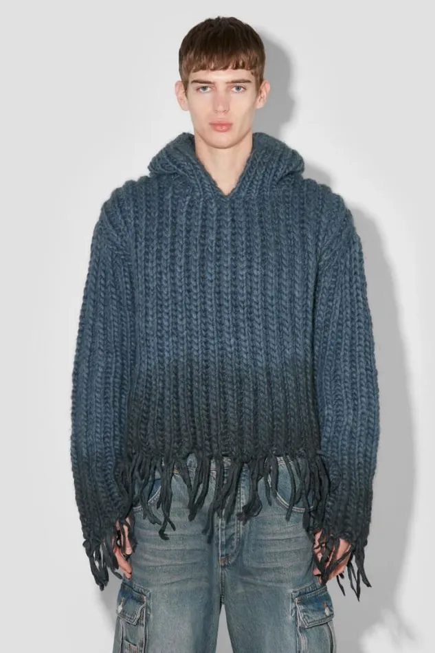 Coated Bulky Knitted Hoodie Denim Blue Men MISBHV Knitwear