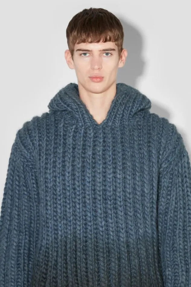 Coated Bulky Knitted Hoodie Denim Blue Men MISBHV Knitwear