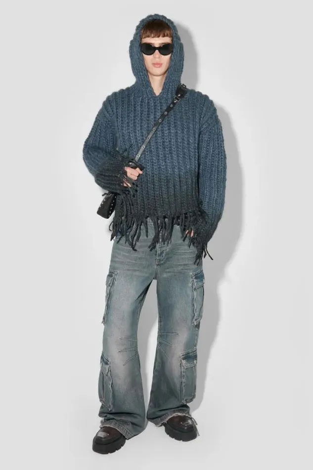 Coated Bulky Knitted Hoodie Denim Blue Men MISBHV Knitwear
