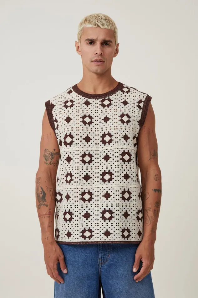 Crochet Muscle Patchwork Men Cotton On Tees and Tanks