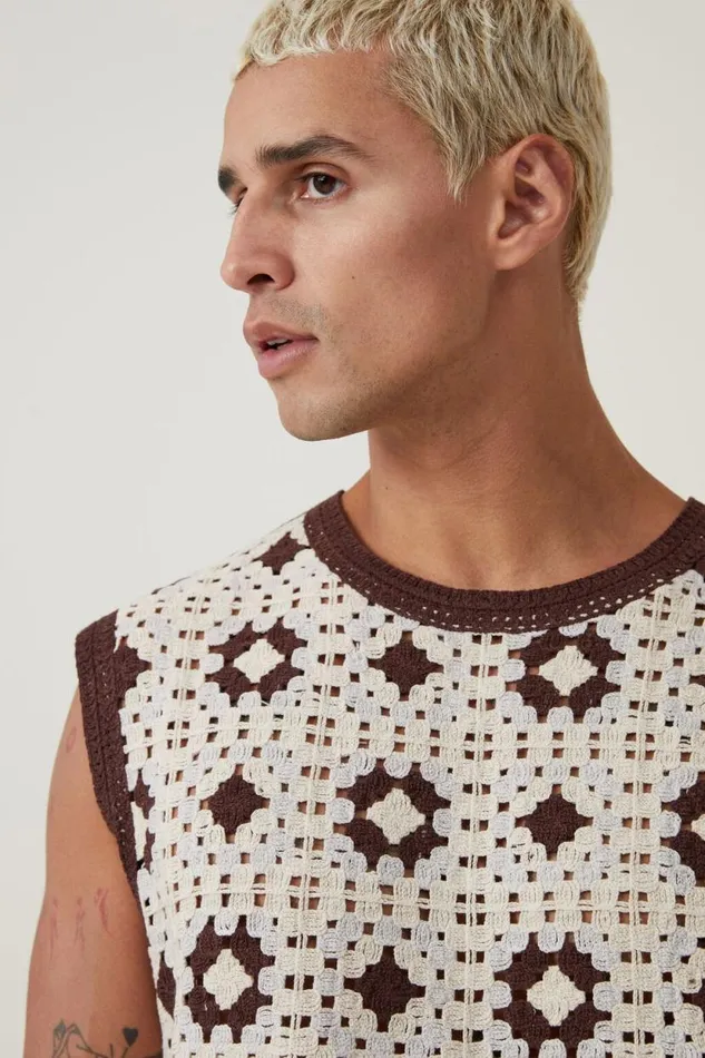 Crochet Muscle Patchwork Men Cotton On Tees and Tanks Crochet Muscle Patchwork Men Cotton On Tees and Tanks